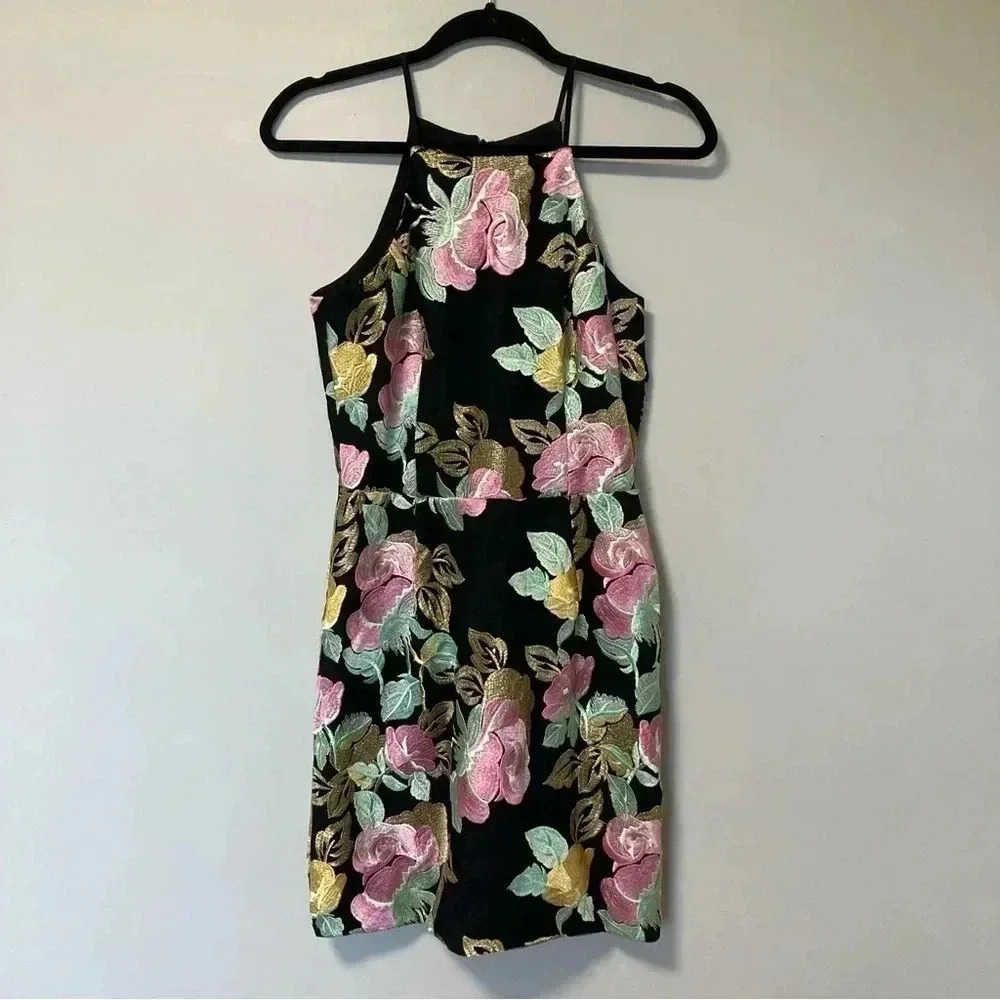 Dress the Population black halter embroidered floral dress